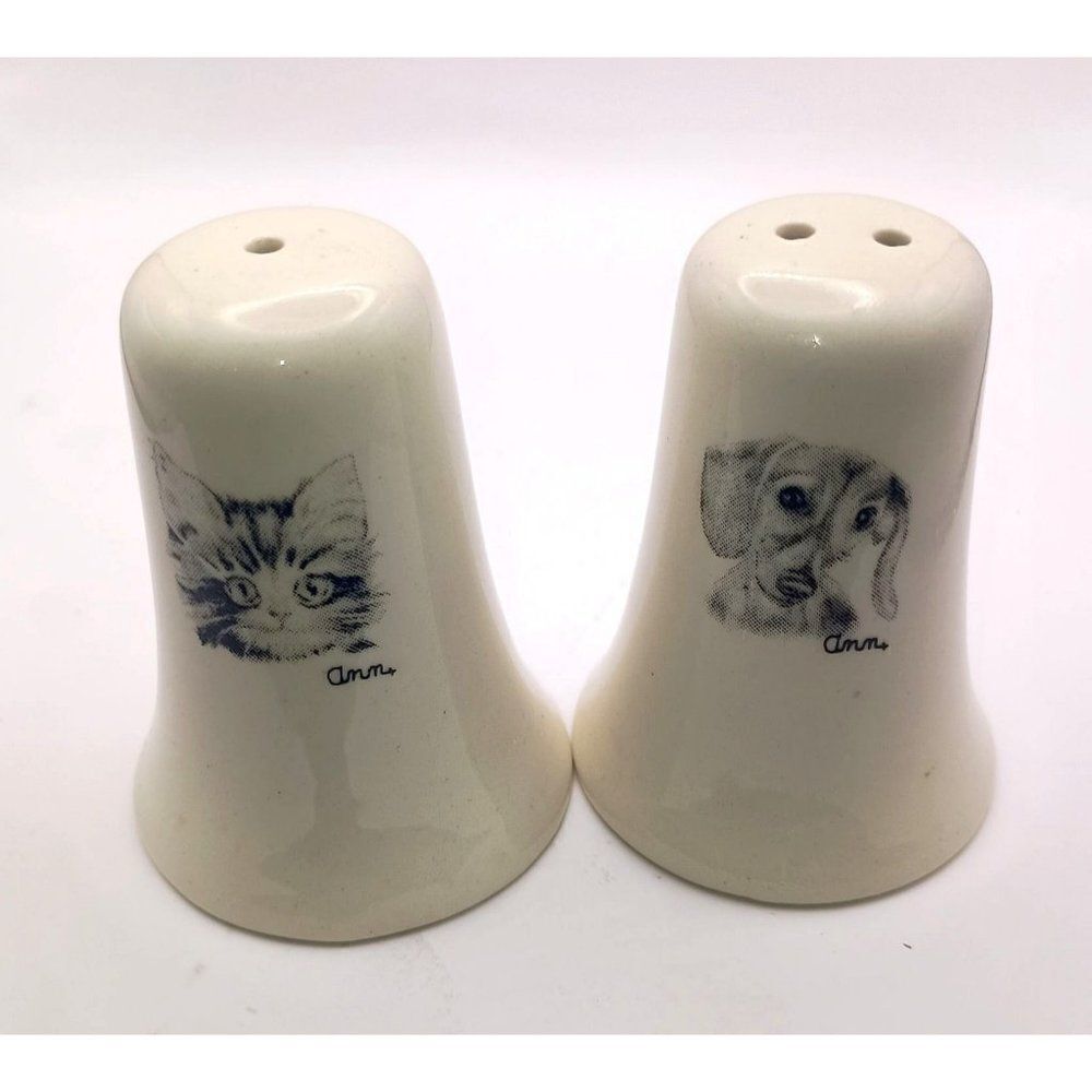 Ann Adams Porcelain Ceramic Cat and Dog Salt and Pepper Shakers, Vintage